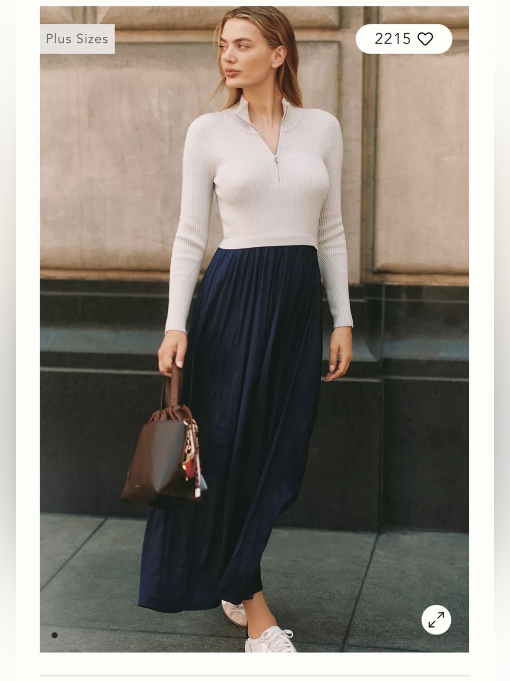 Anthropologie Thea Dress Ribbed Zip-Neck Pullover Maxi Skirt Dress - Navy & Ivor